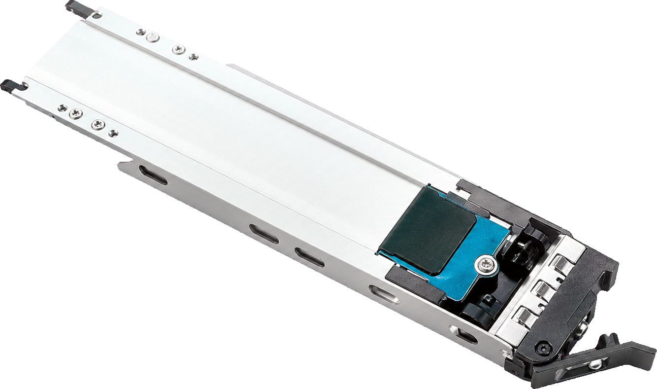 The removable metal drive tray, slid out to show the M.2 drive bay and pull latch